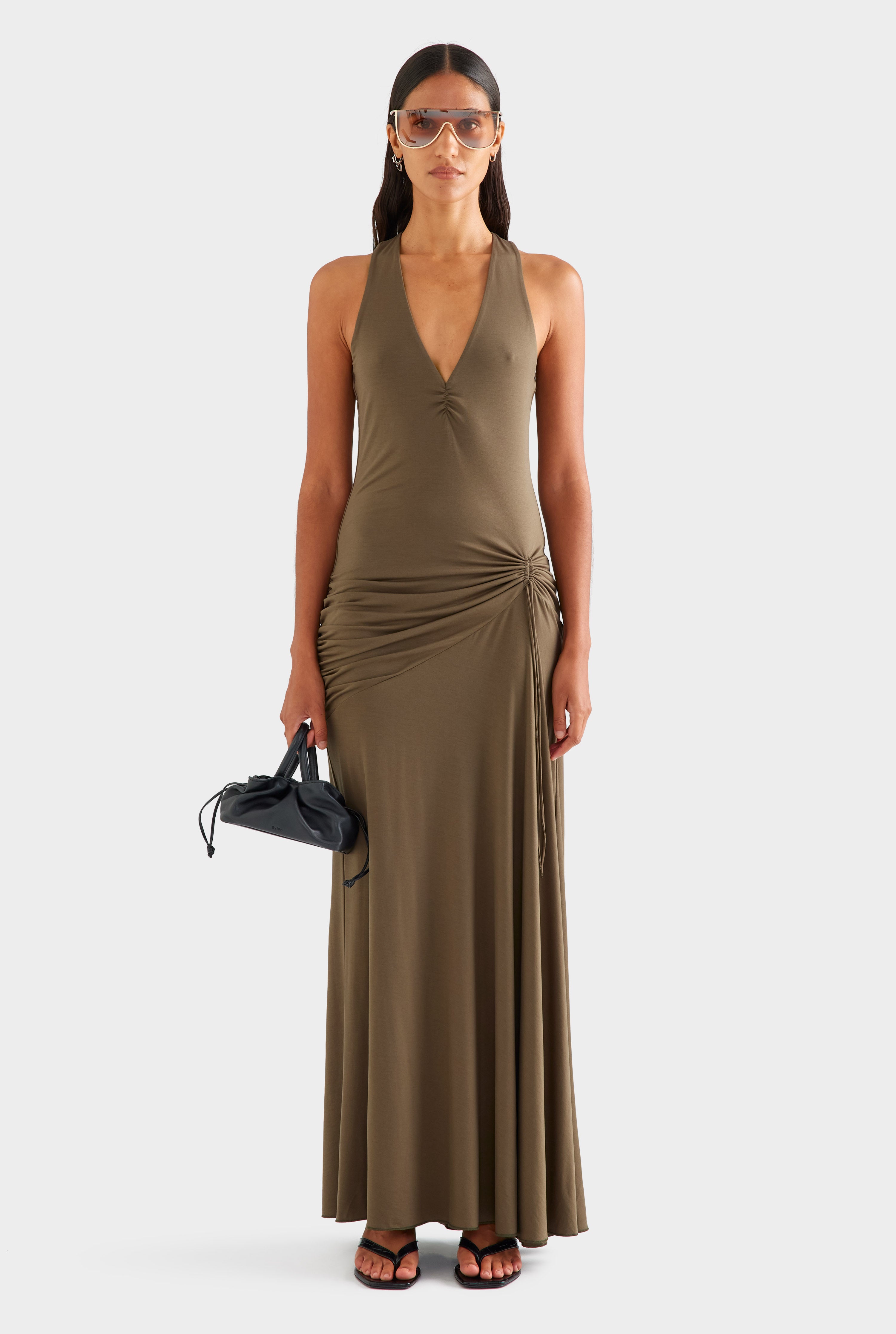 Jersey Drawstring Halter Maxi Dress - Dark Olive [[SU26 - WOMENS - D2 - 47151 - Jersey Drawstring Halter Maxi Dress - Dark Olive_0010.jpg]]