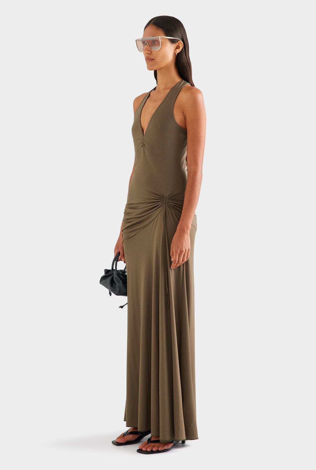 Jersey Drawstring Halter Maxi Dress - Dark Olive [[SU26 - WOMENS - D2 - 47151 - Jersey Drawstring Halter Maxi Dress - Dark Olive_0011.jpg]]