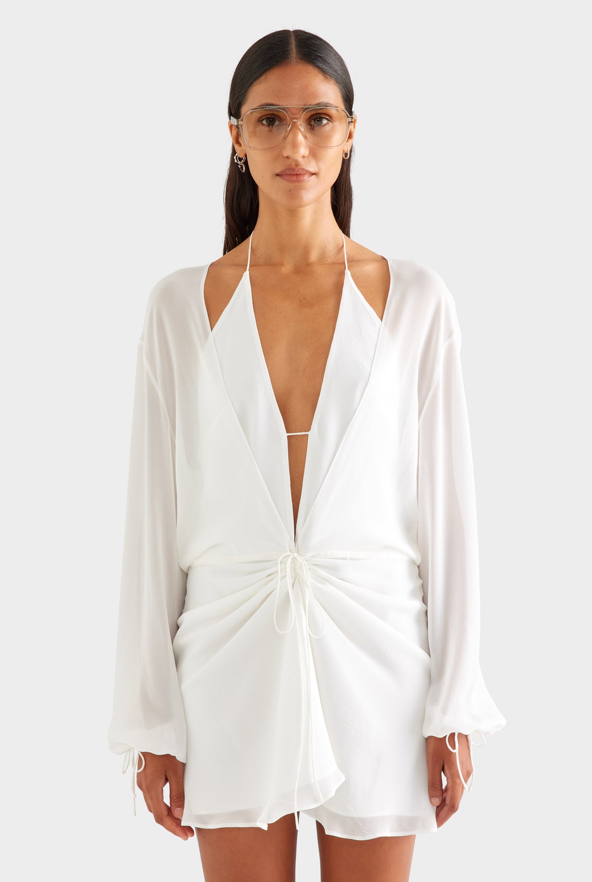 Layered Long Sleeve Silk Mini Dress - White [[SU26 - WOMENS - D2 - 47152 - Layered LS Silk Mini Dress - White_0042.jpg]]