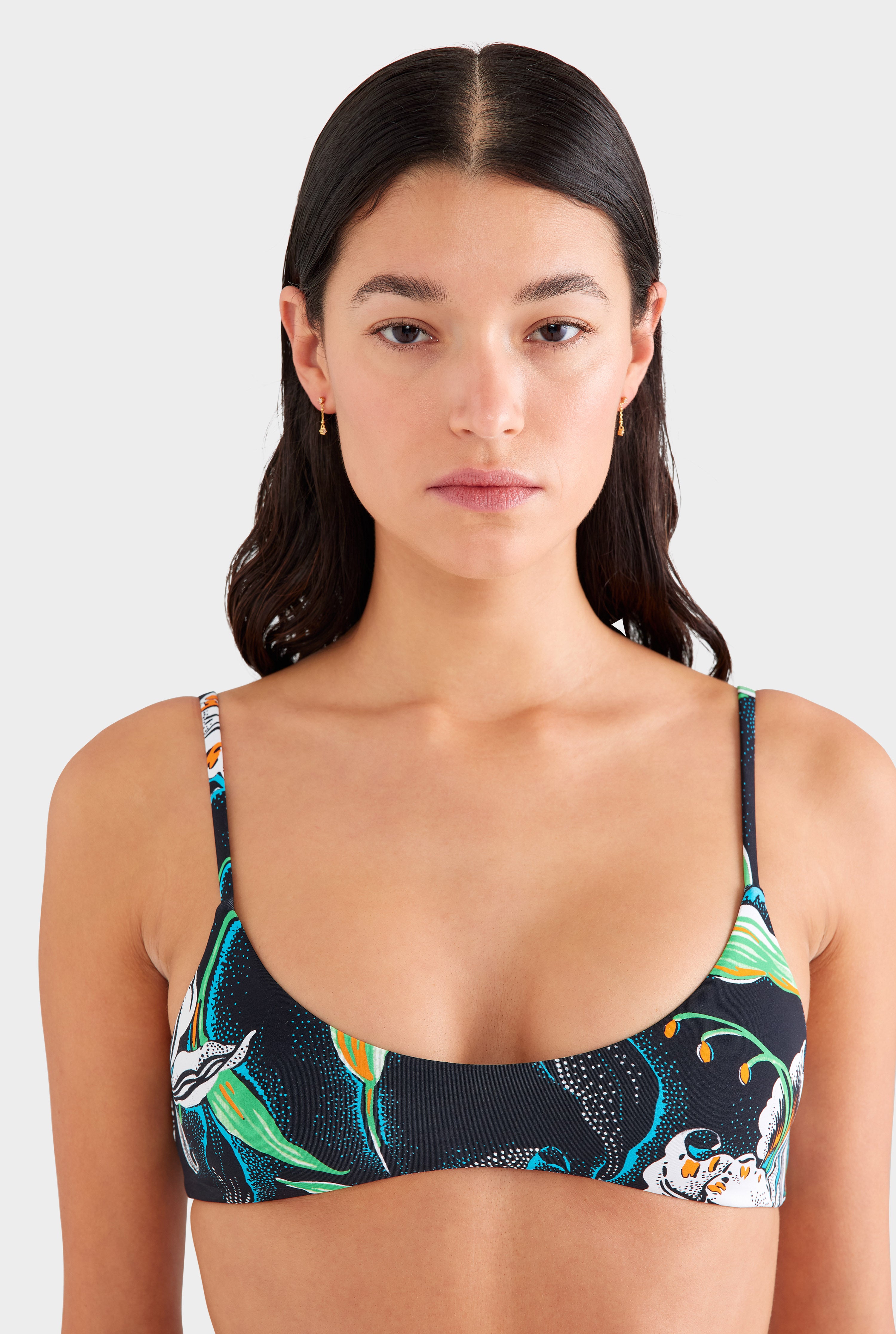 Scoop Neck Bikini Top - Black/White Lily