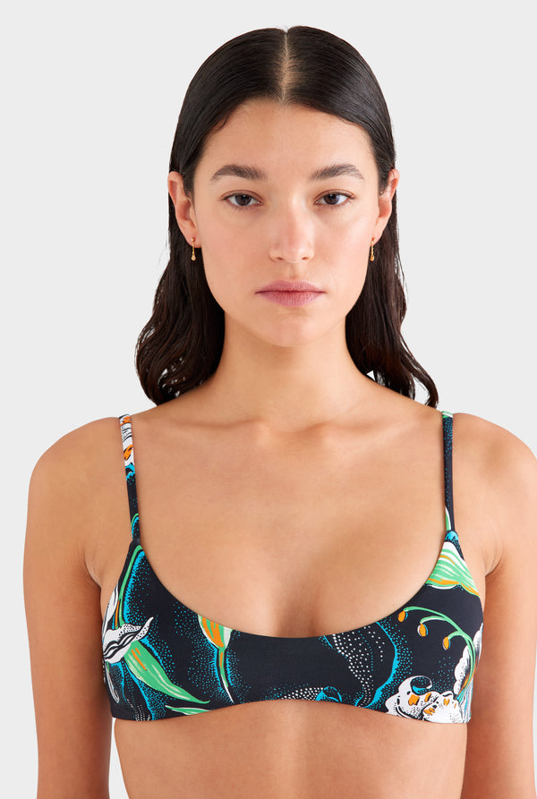 Scoop Neck Bikini Top - Black/White Lily