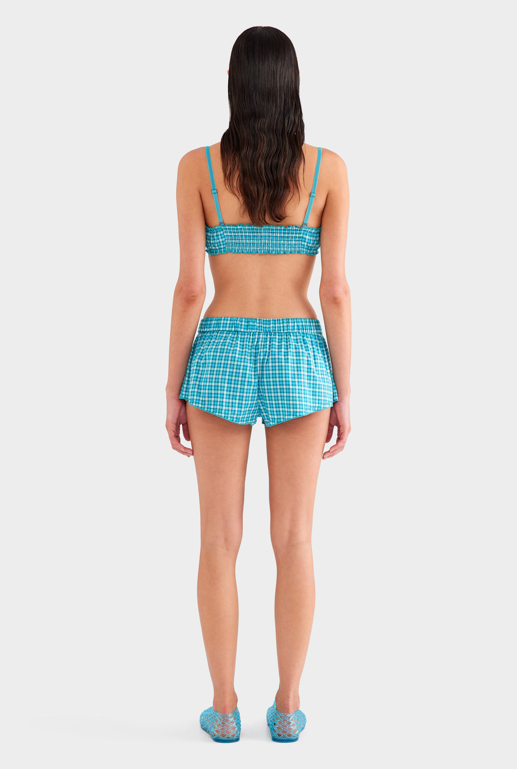 Shirred Cotton Bralette - Teal Check