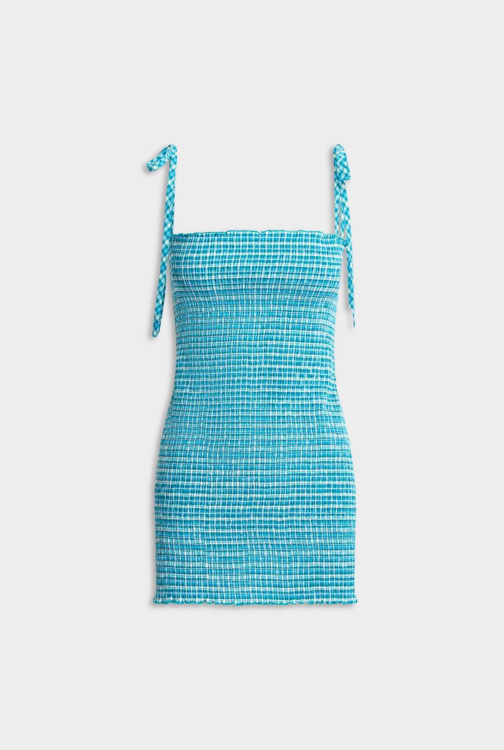 Shirred Cotton Mini Dress - Teal Check