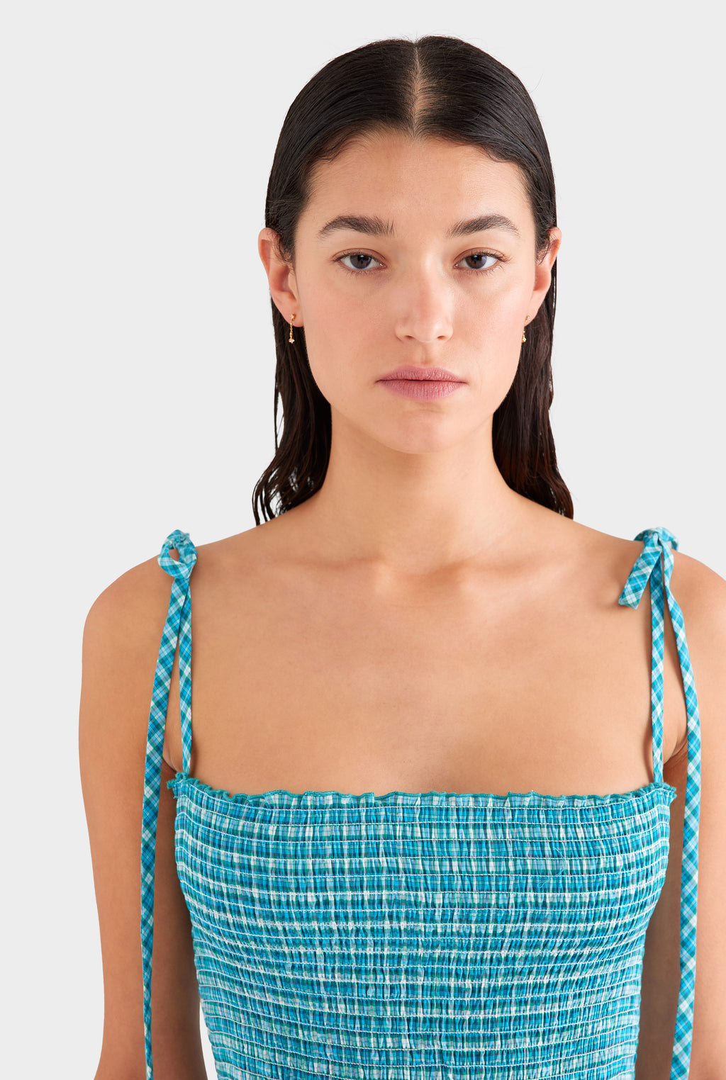 Shirred Cotton Mini Dress - Teal Check