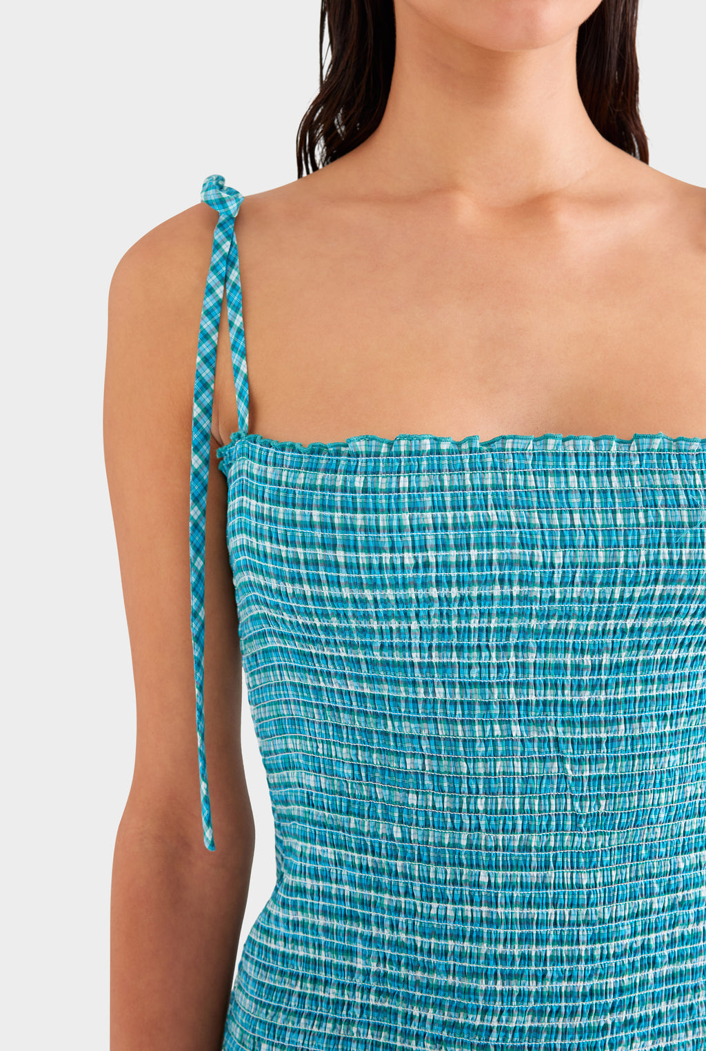 Shirred Cotton Mini Dress - Teal Check