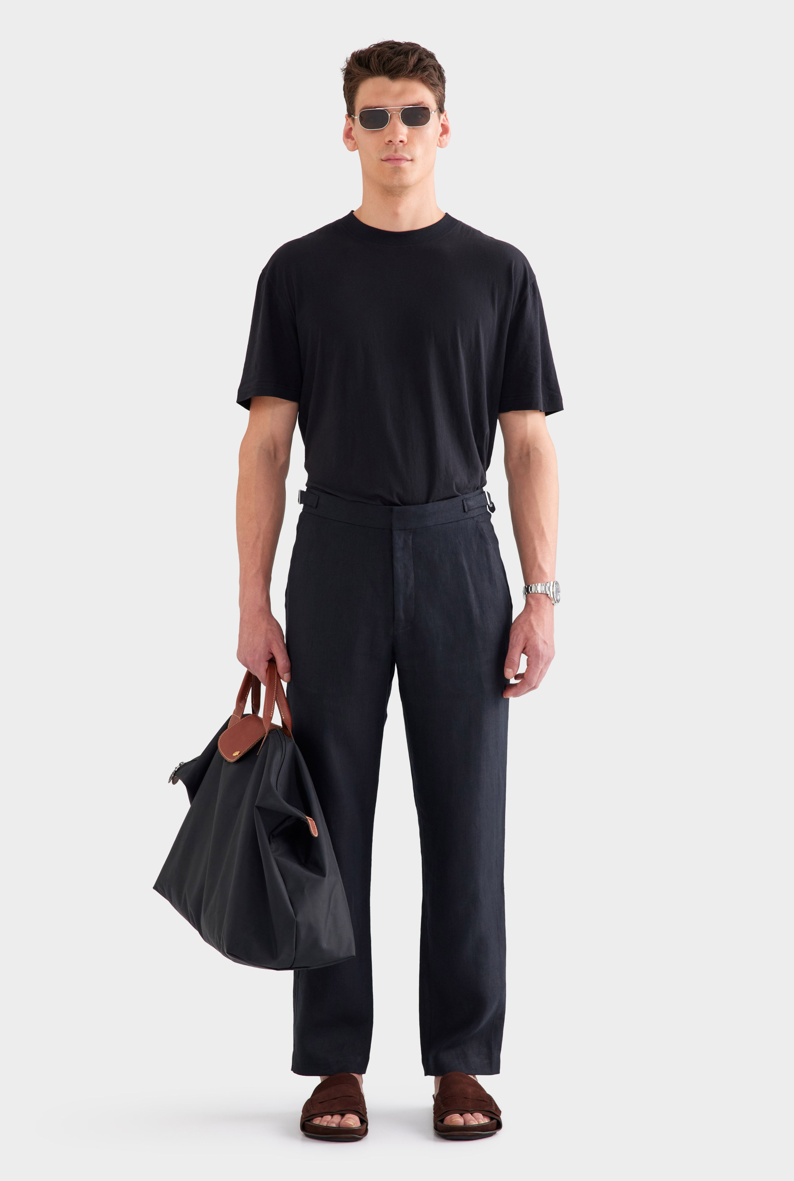 Mens Tailored Linen Side Tab Trouser Black | Venroy – VENROY