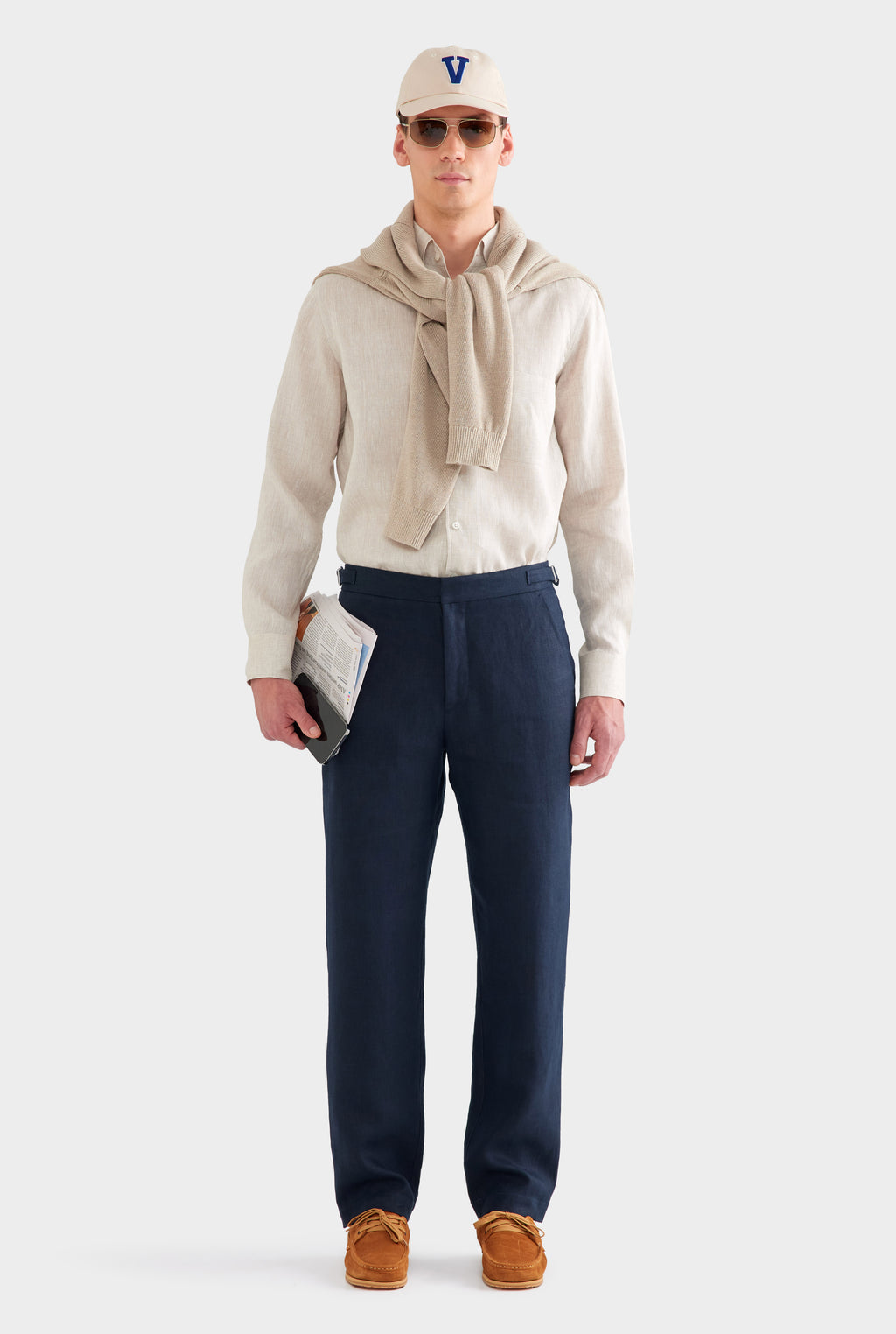 Tailored Linen Side Tab Trouser - Navy