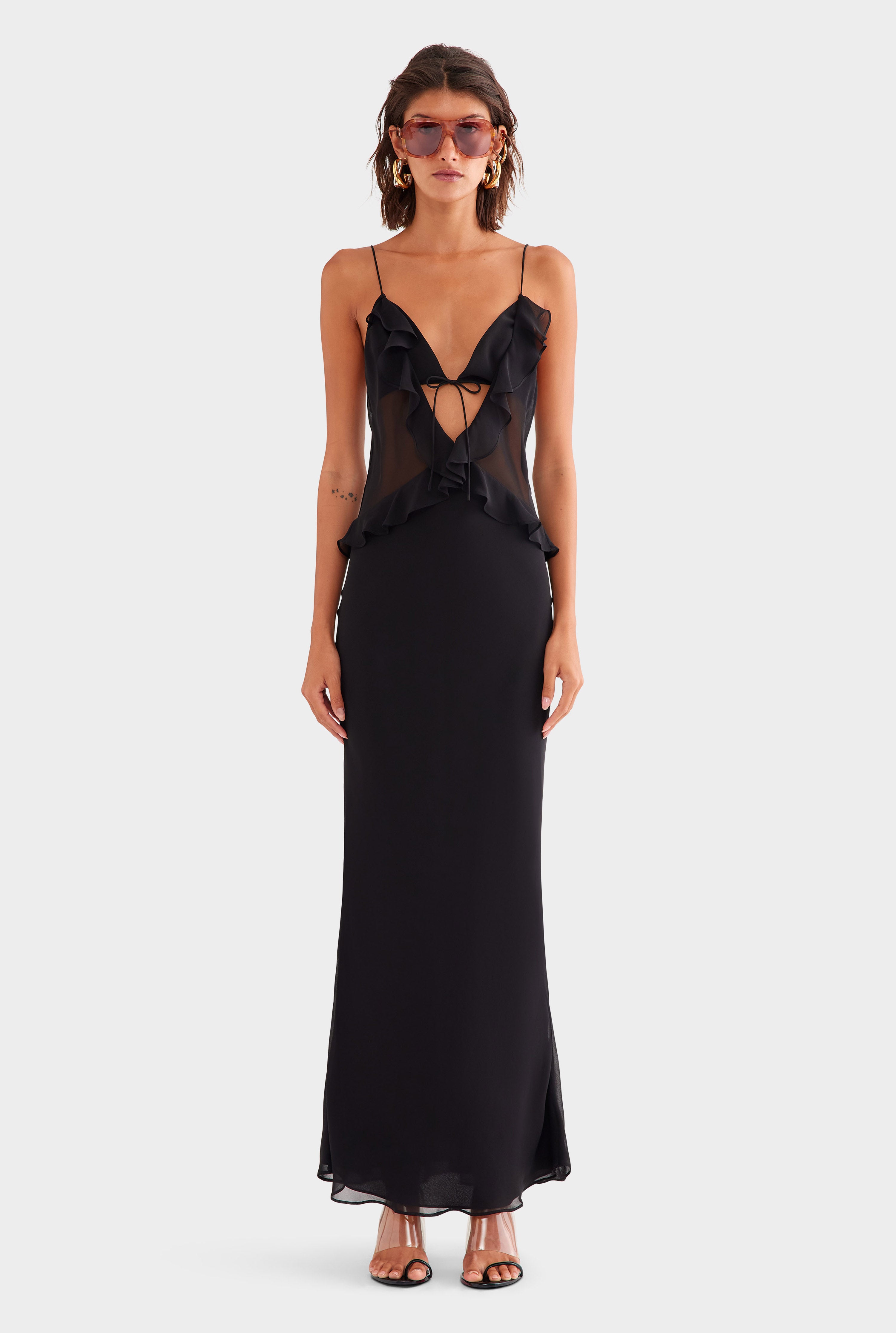 Silk Bralette Ruffle Maxi Dress - Black