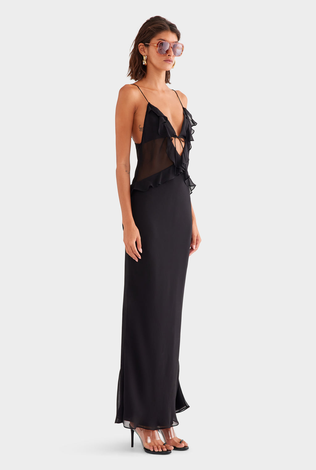 Silk Bralette Ruffle Maxi Dress - Black