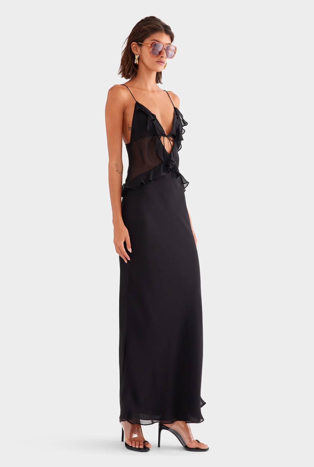 Silk Bralette Ruffle Maxi Dress - Black