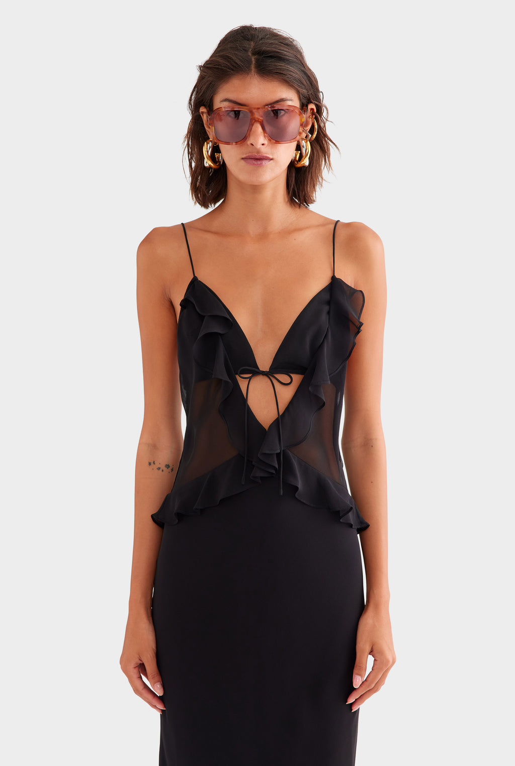 Silk Bralette Ruffle Maxi Dress - Black