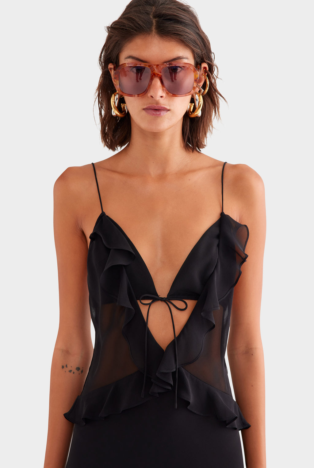 Silk Bralette Ruffle Maxi Dress - Black