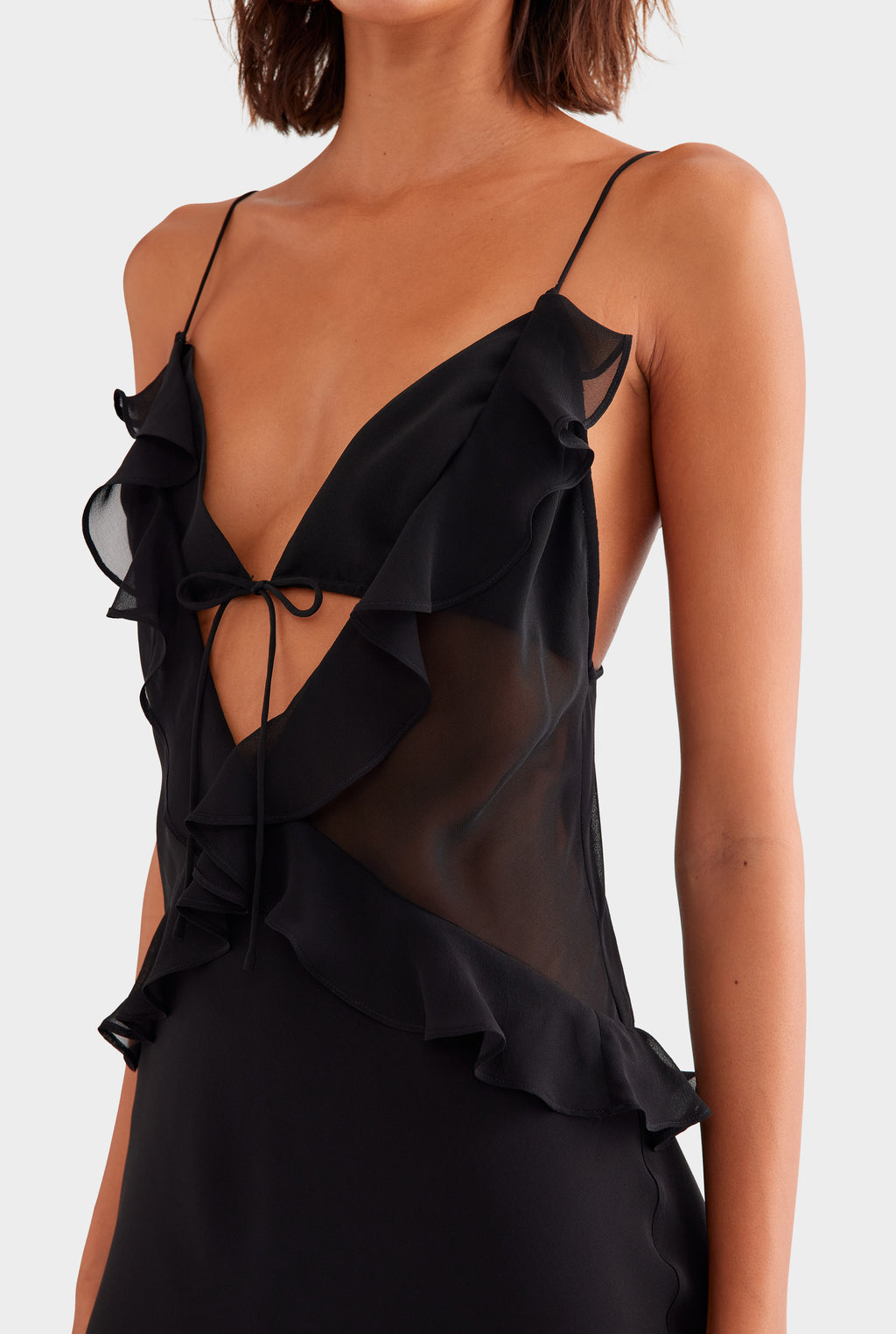 Silk Bralette Ruffle Maxi Dress - Black