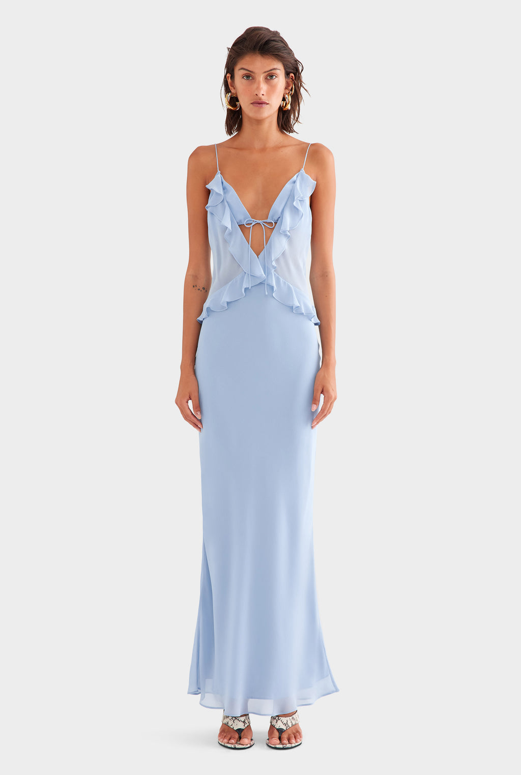Silk Bralette Ruffle Maxi Dress in Powder Blue
