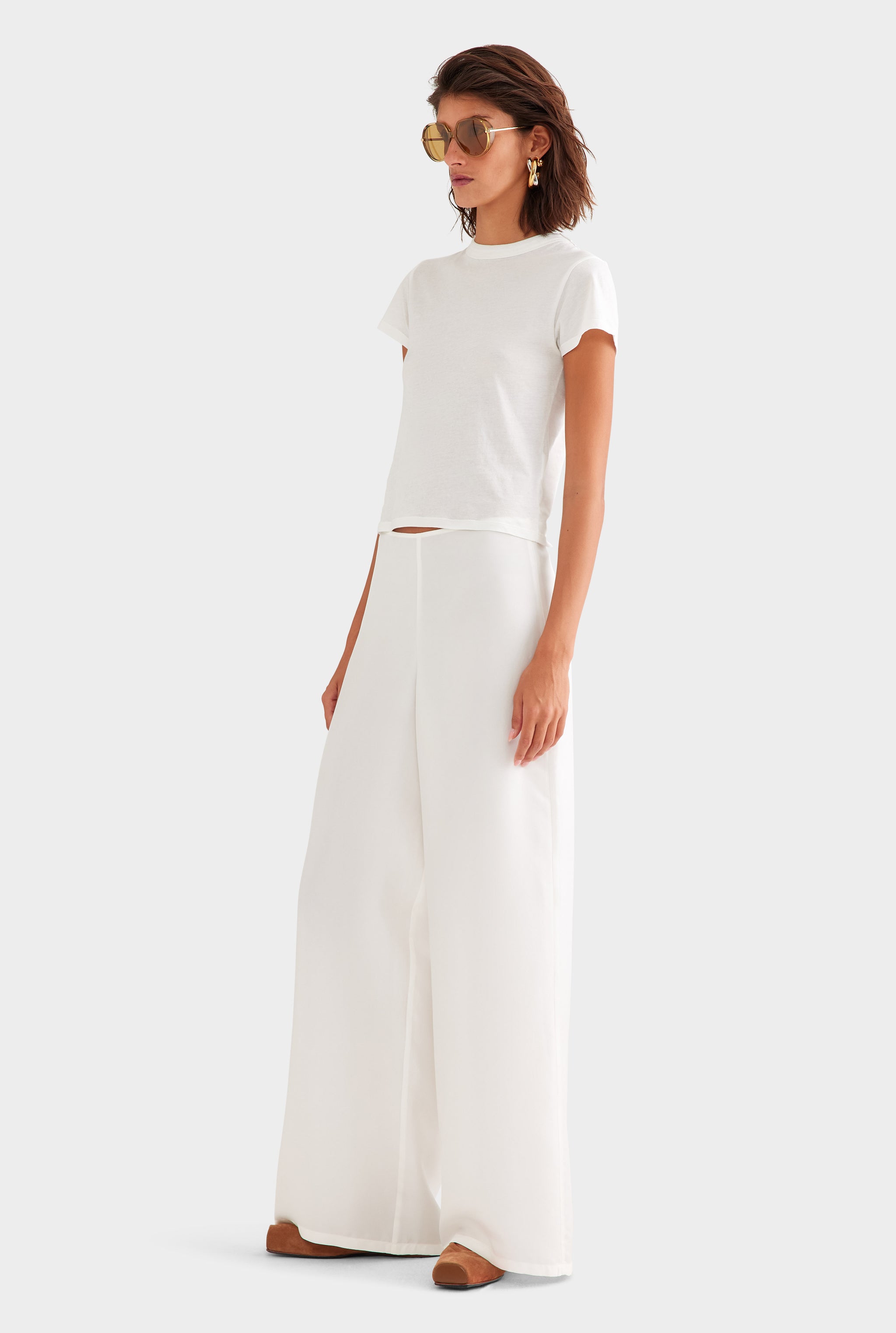 Relaxed Flat Front Silk Pant - Cream
