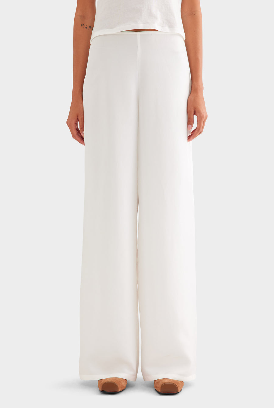 Relaxed Flat Front Silk Pant - Cream