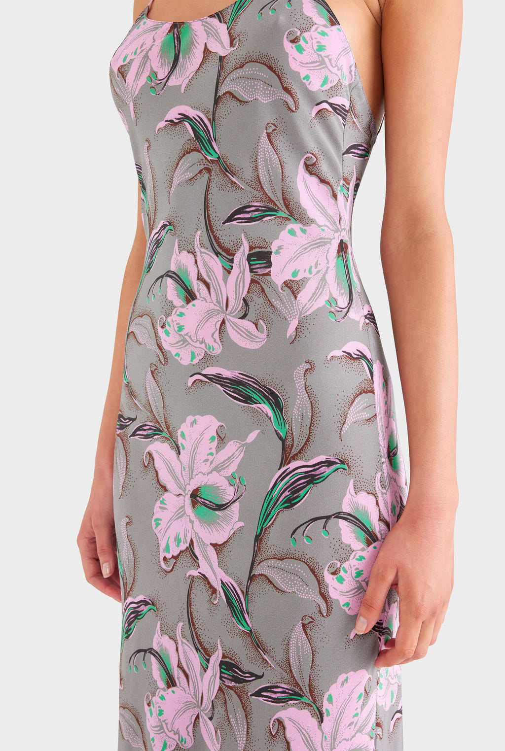 Womens Silk Georgette Slip Dress in Grey/Pink Lily