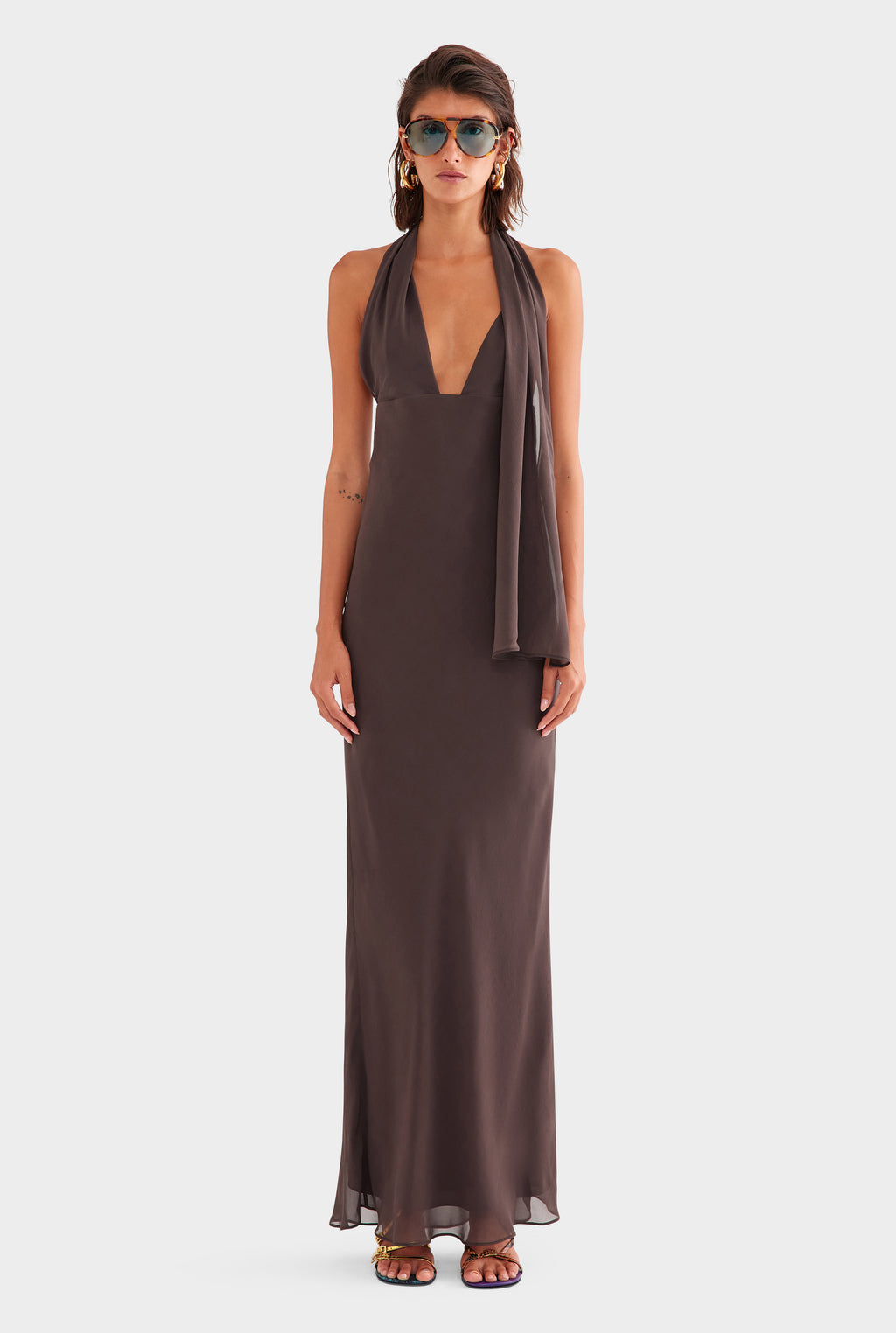 Silk Halter Maxi Dress in Dark Chocolate
