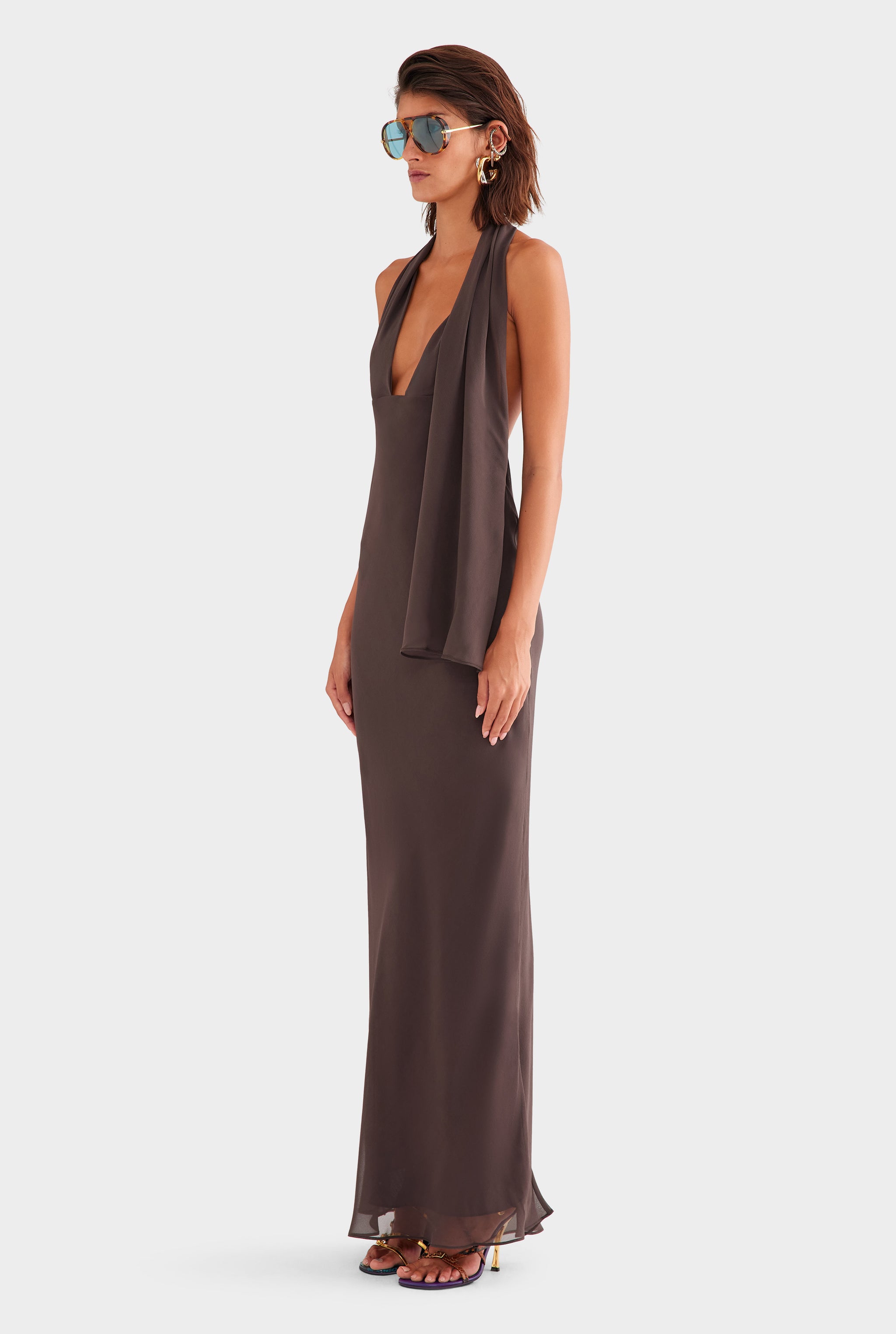 Silk Halter Maxi Dress - Dark Chocolate