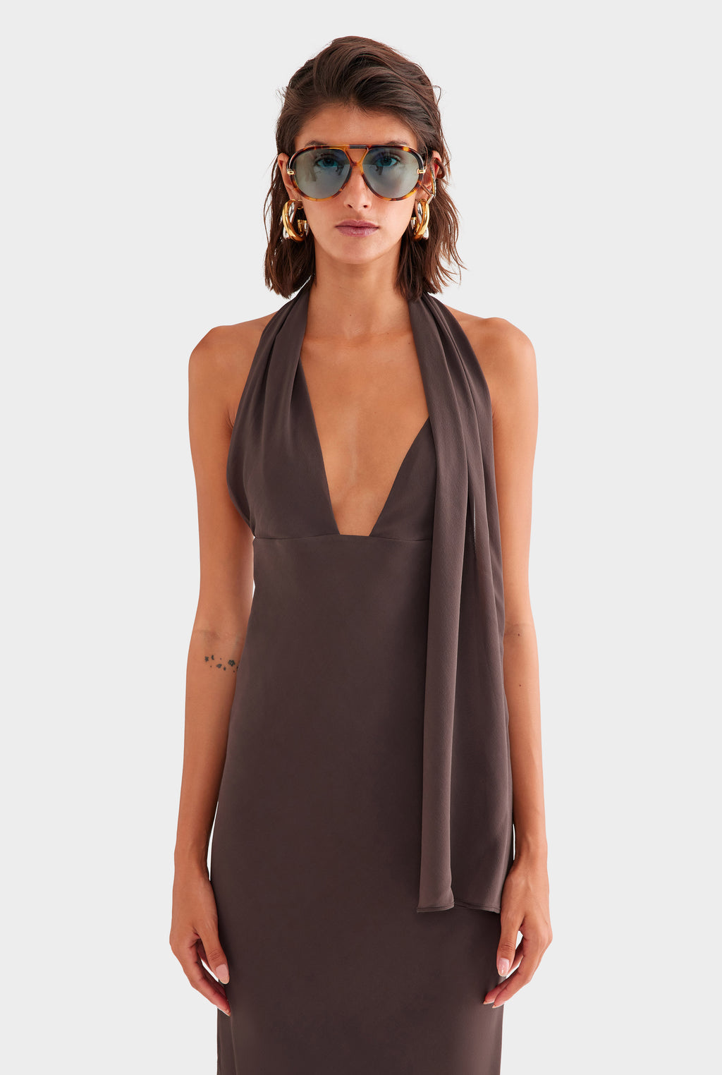 Silk Halter Maxi Dress in Dark Chocolate | Venroy  VENROY