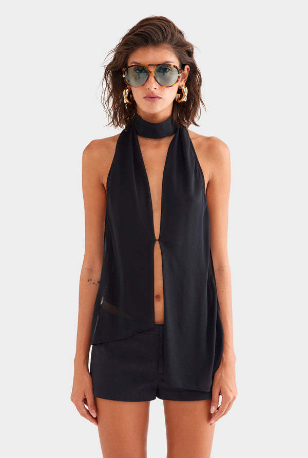 Silk Layered Halter Top - Black