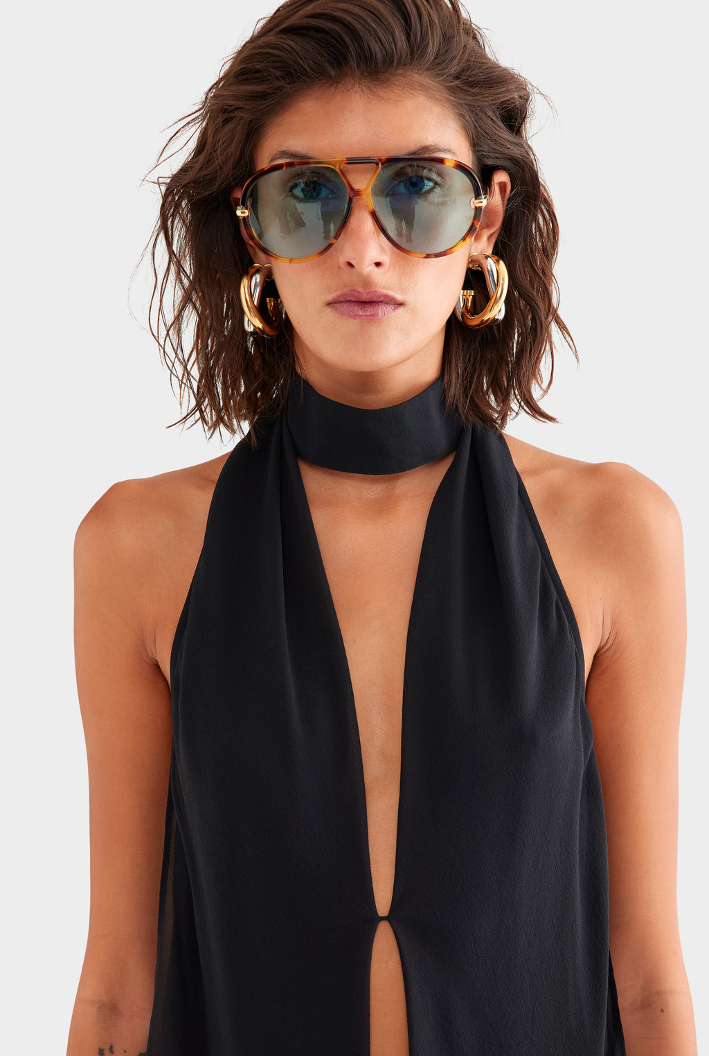 Silk Layered Halter Top - Black