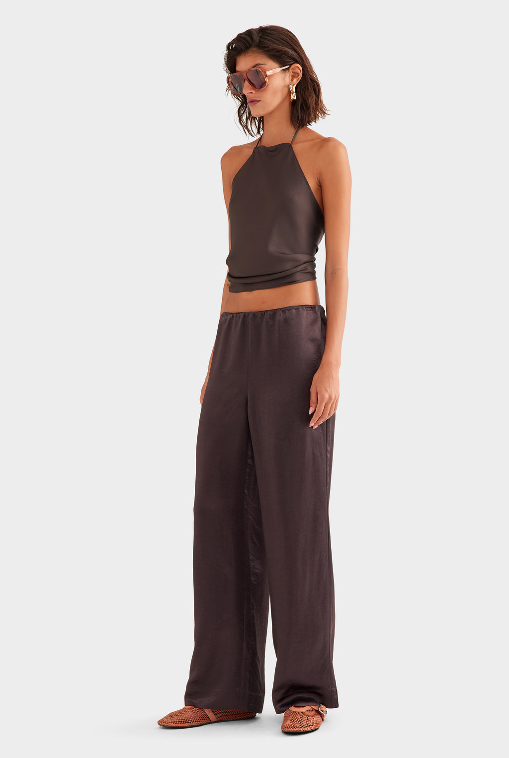 Crushed Satin Elastic Waist Pant - Dark Chocolate