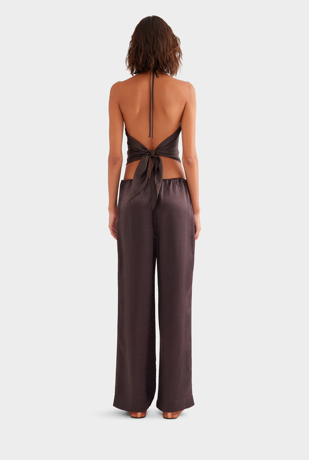 Crushed Satin Elastic Waist Pant - Dark Chocolate