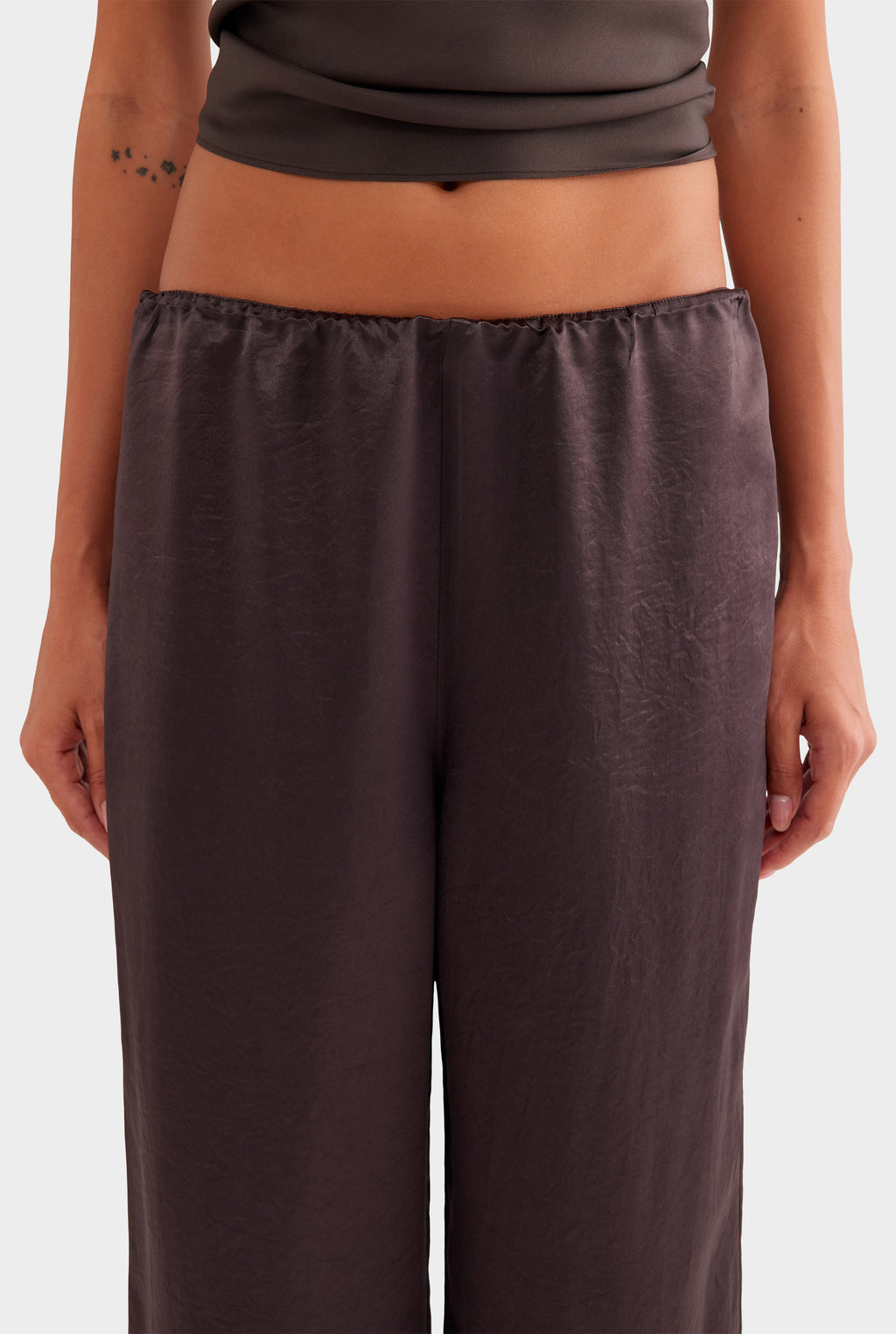 Crushed Satin Elastic Waist Pant - Dark Chocolate