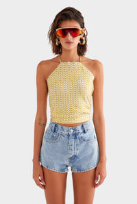 Silk Scarf Halter Top - Pale Yellow/Amber V Monogram