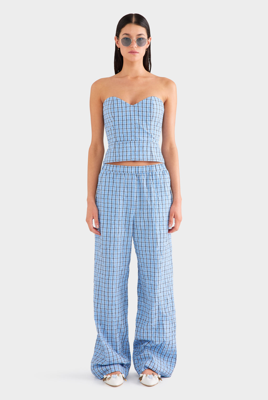 Strapless Check Bustier - Blue Crushed Check