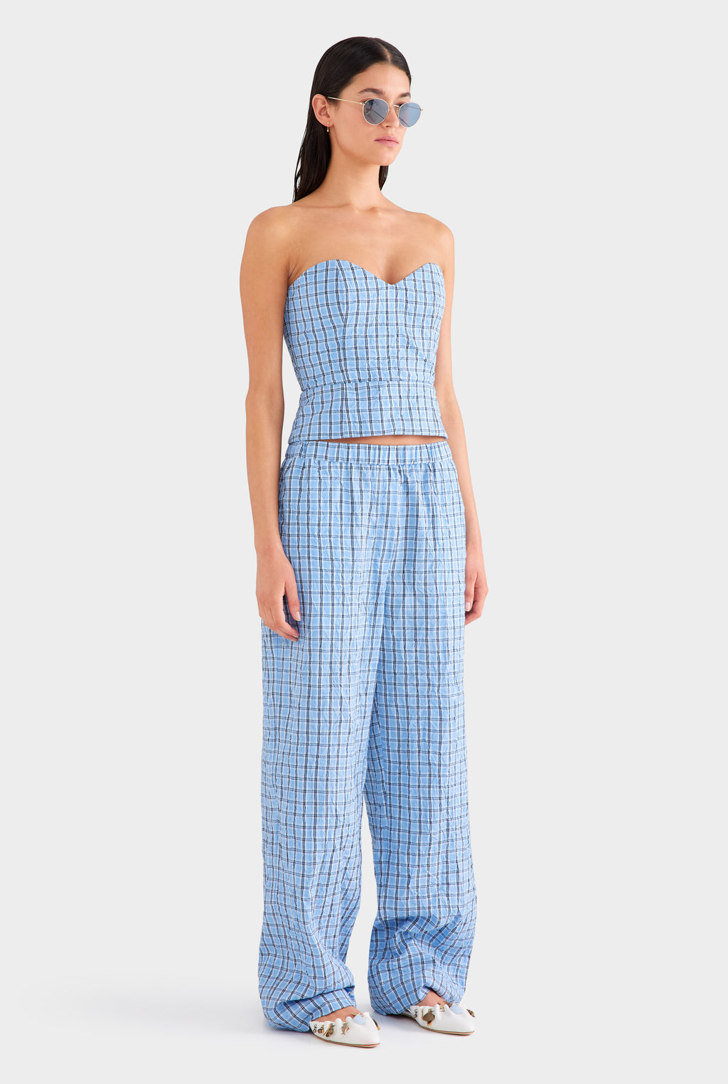 Strapless Check Bustier - Blue Crushed Check