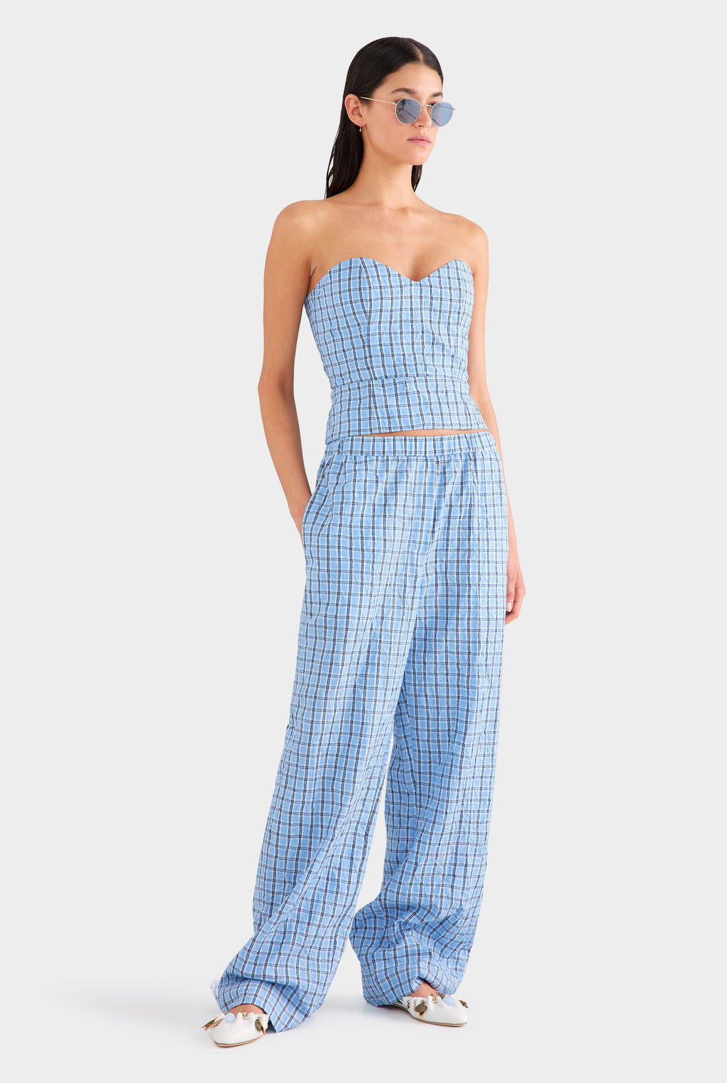 Relaxed Check Cotton Pant - Blue Crushed Check