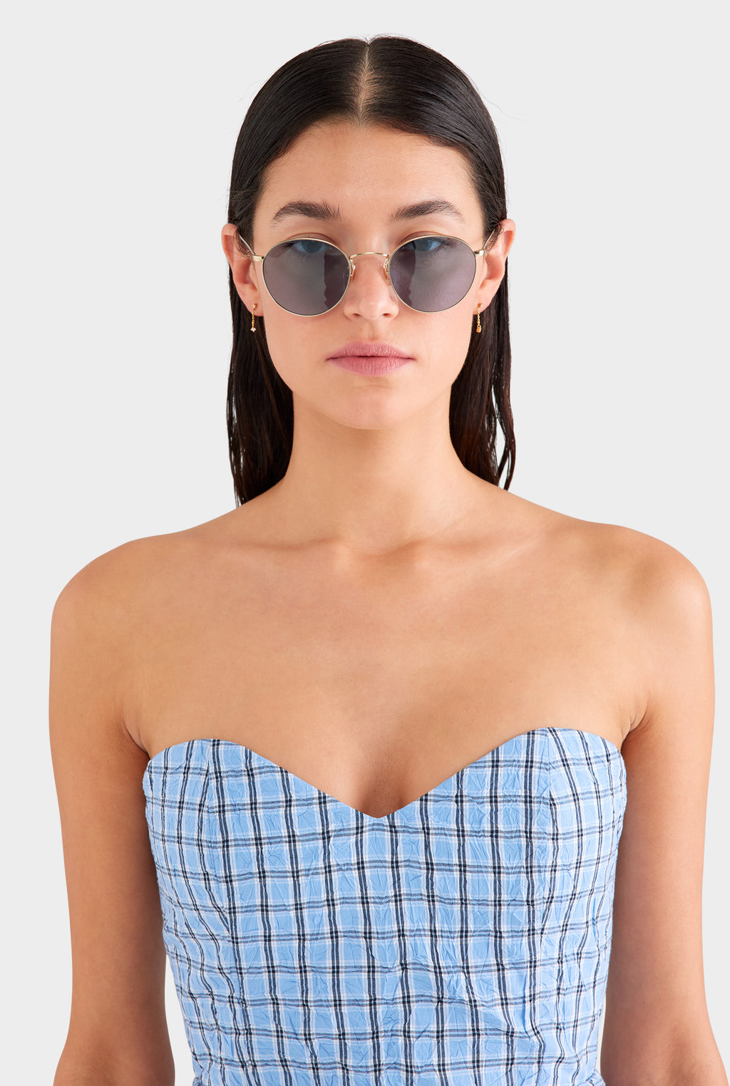 Strapless Check Bustier - Blue Crushed Check