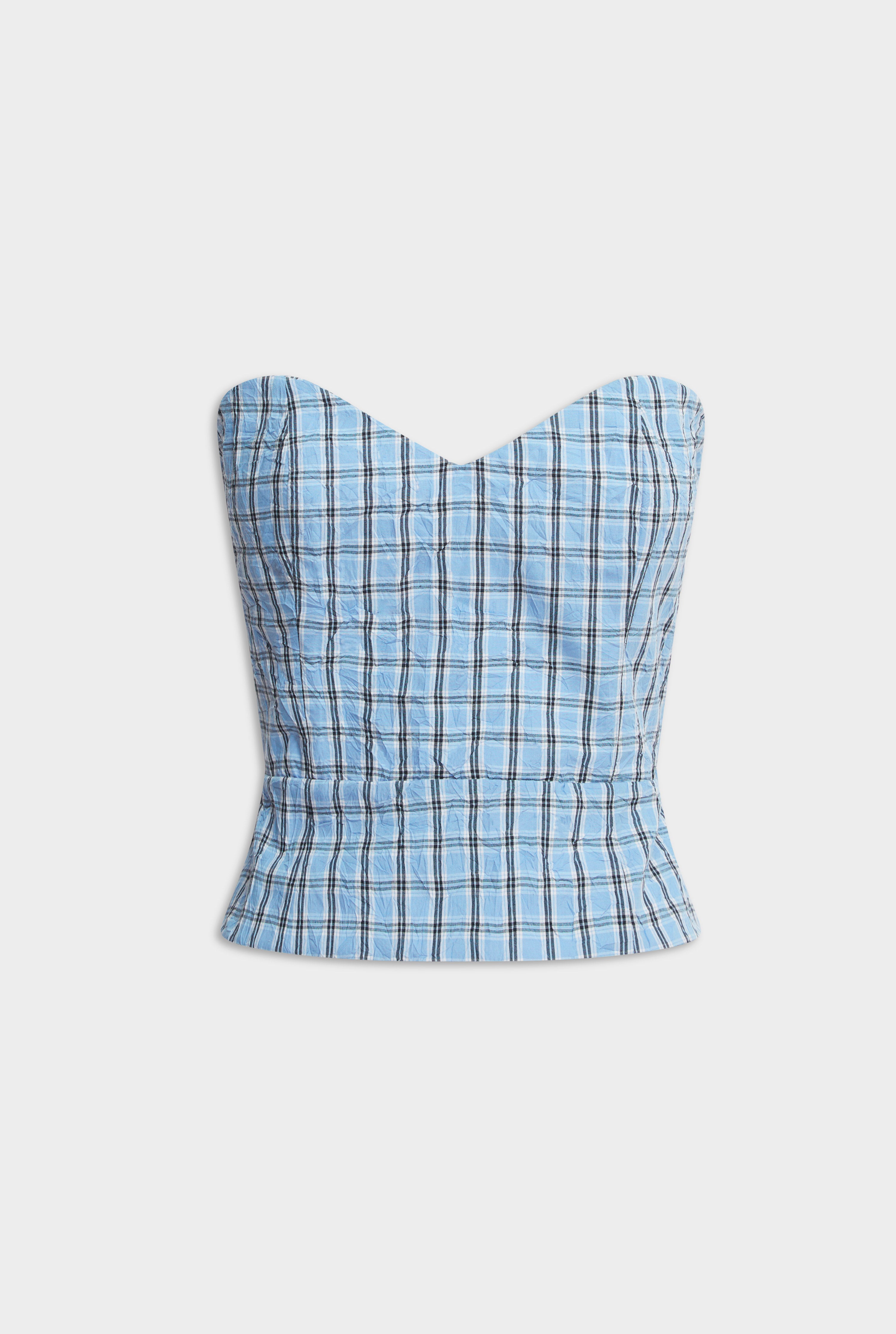 Womens Strapless Check Bustier in Blue Crushed Check | Venroy – VENROY