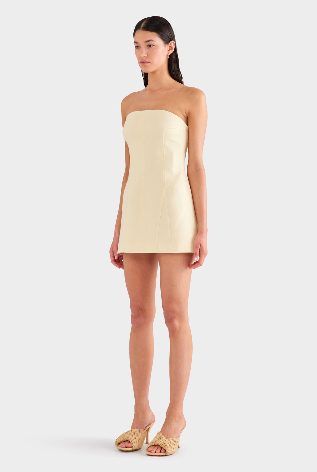 Strapless Panelled Linen Mini Dress - Dusty Yellow