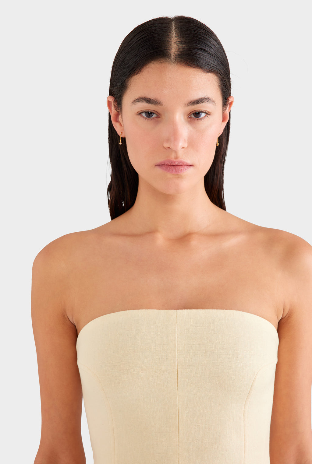 Strapless Panelled Linen Mini Dress - Dusty Yellow