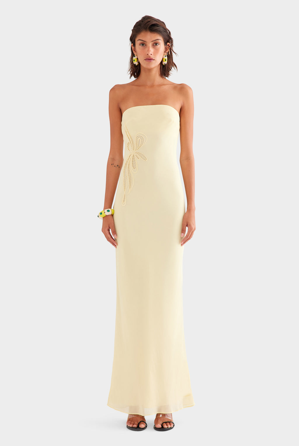 Strapless Silk Embroidered Maxi Dress in Pastel Yellow | Venroy VENROY Strapless Silk Embroidered Maxi Dress in Pastel Yellow | Venroy VENROY