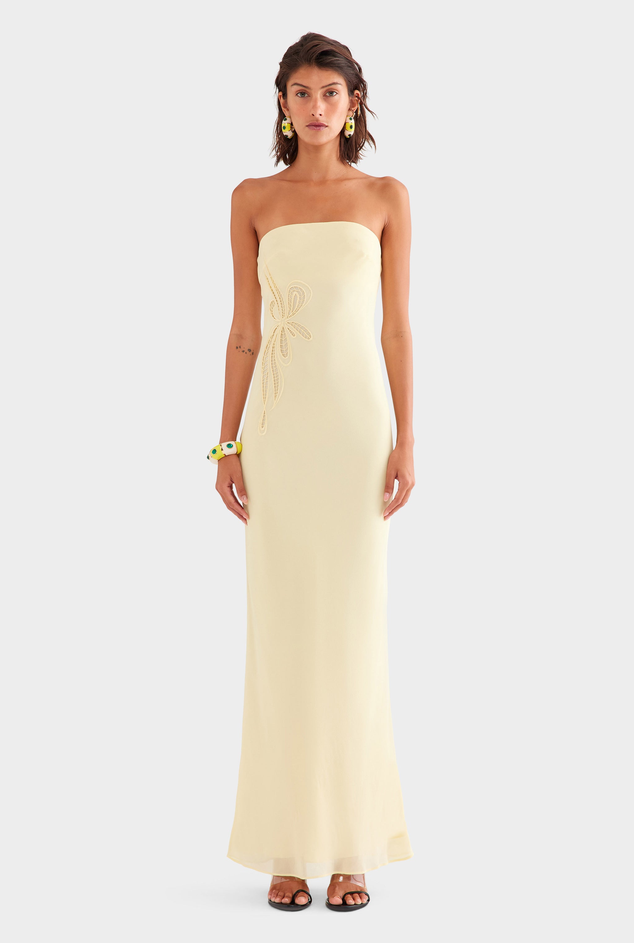 Strapless Silk Embroidered Maxi Dress - Pastel Yellow