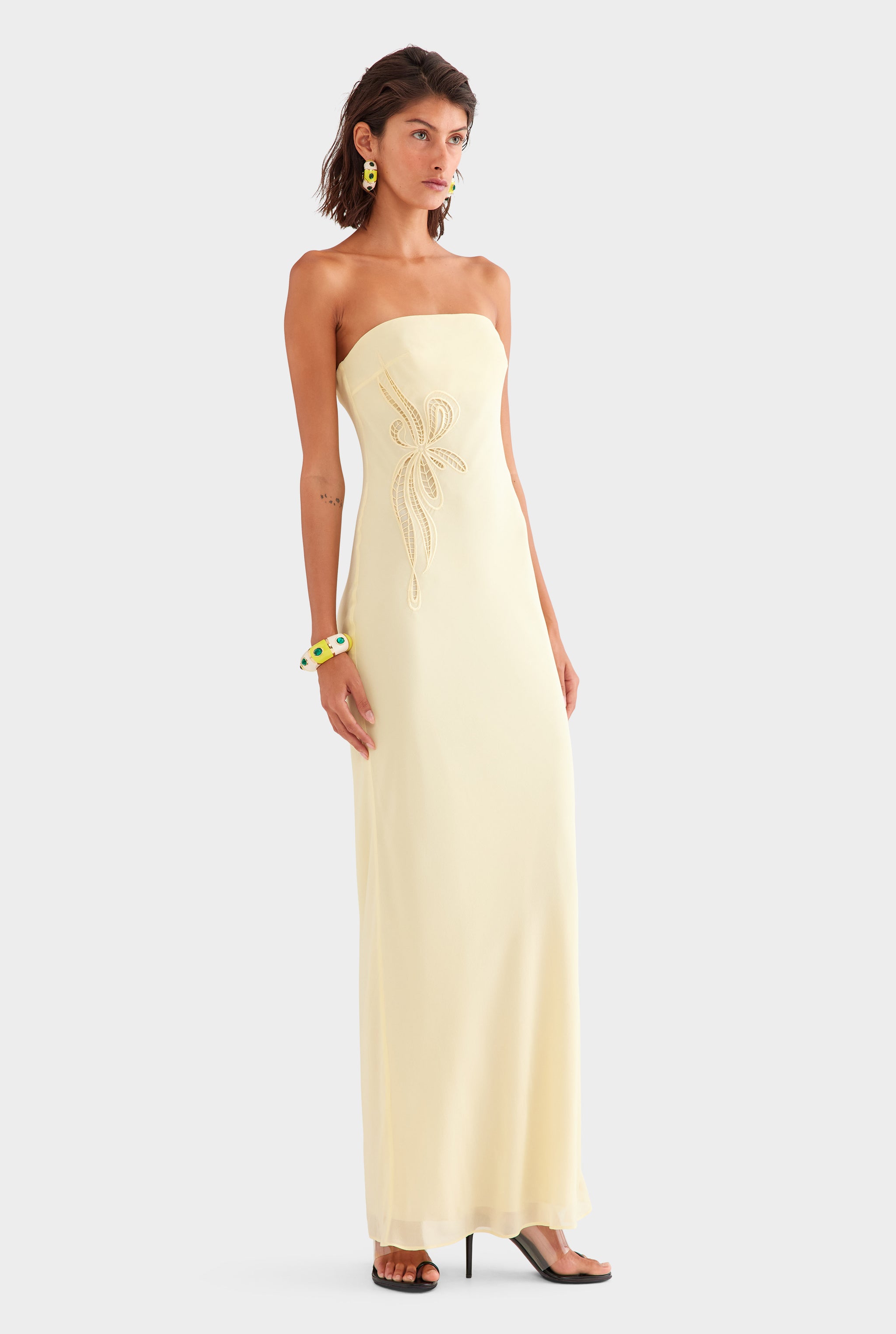Strapless Silk Embroidered Maxi Dress - Pastel Yellow