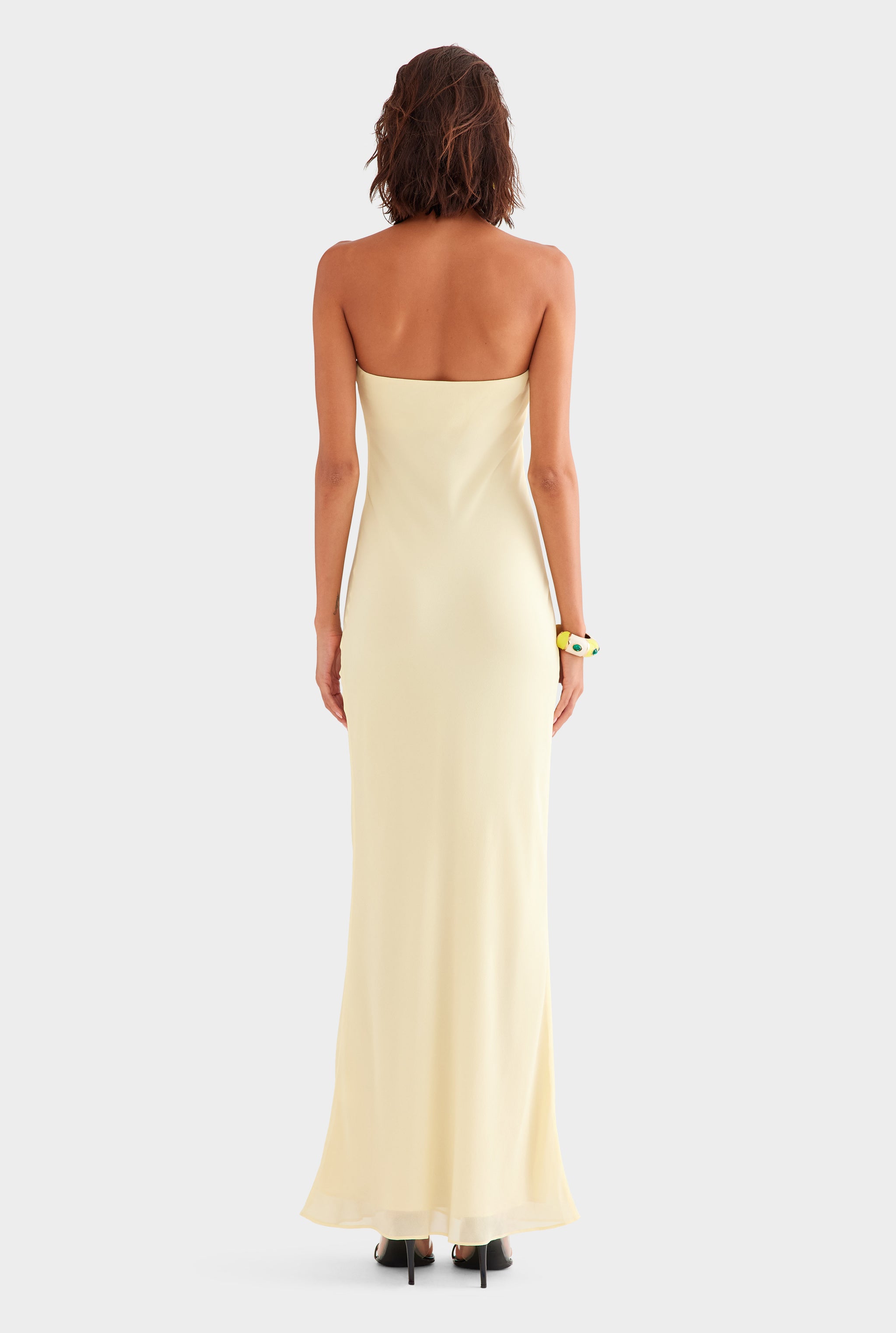 Strapless Silk Embroidered Maxi Dress - Pastel Yellow