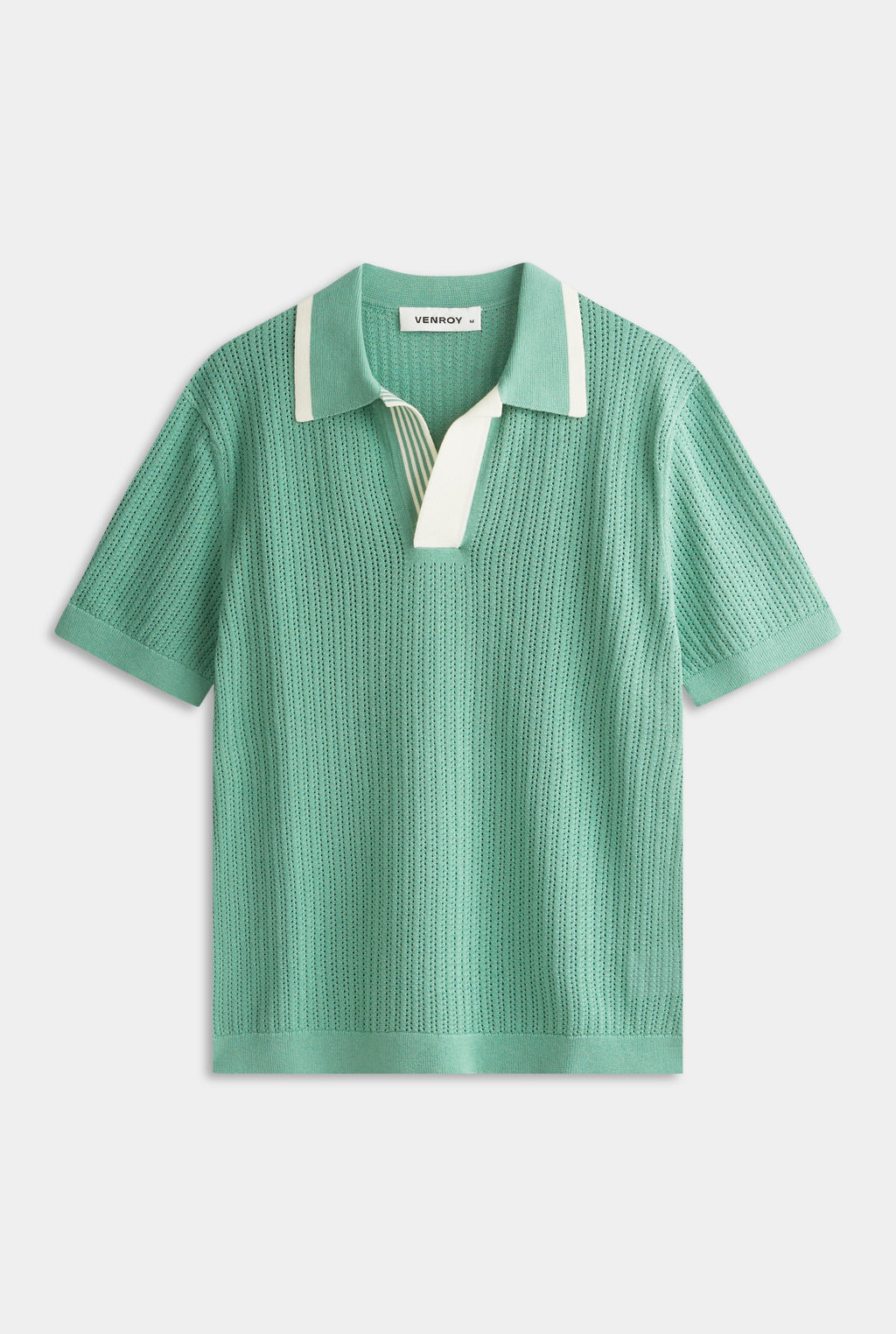 Stripe Collar Cotton Knit Polo - Mint Green/Cream