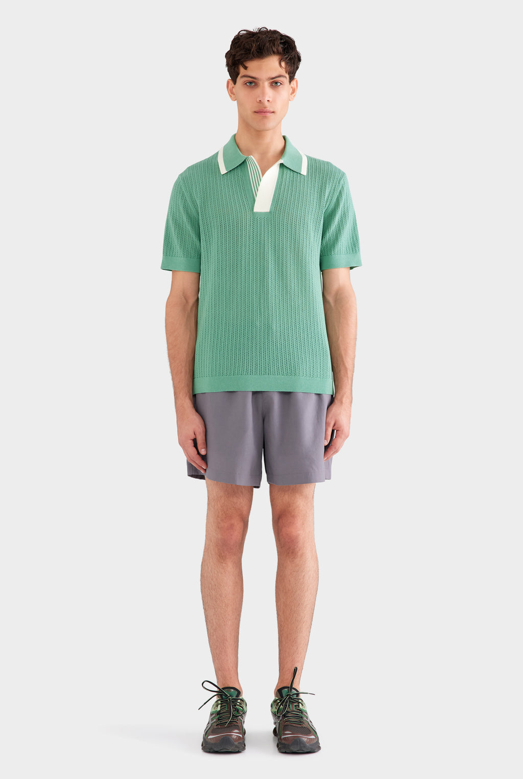 Stripe Collar Cotton Knit Polo - Mint Green/Cream