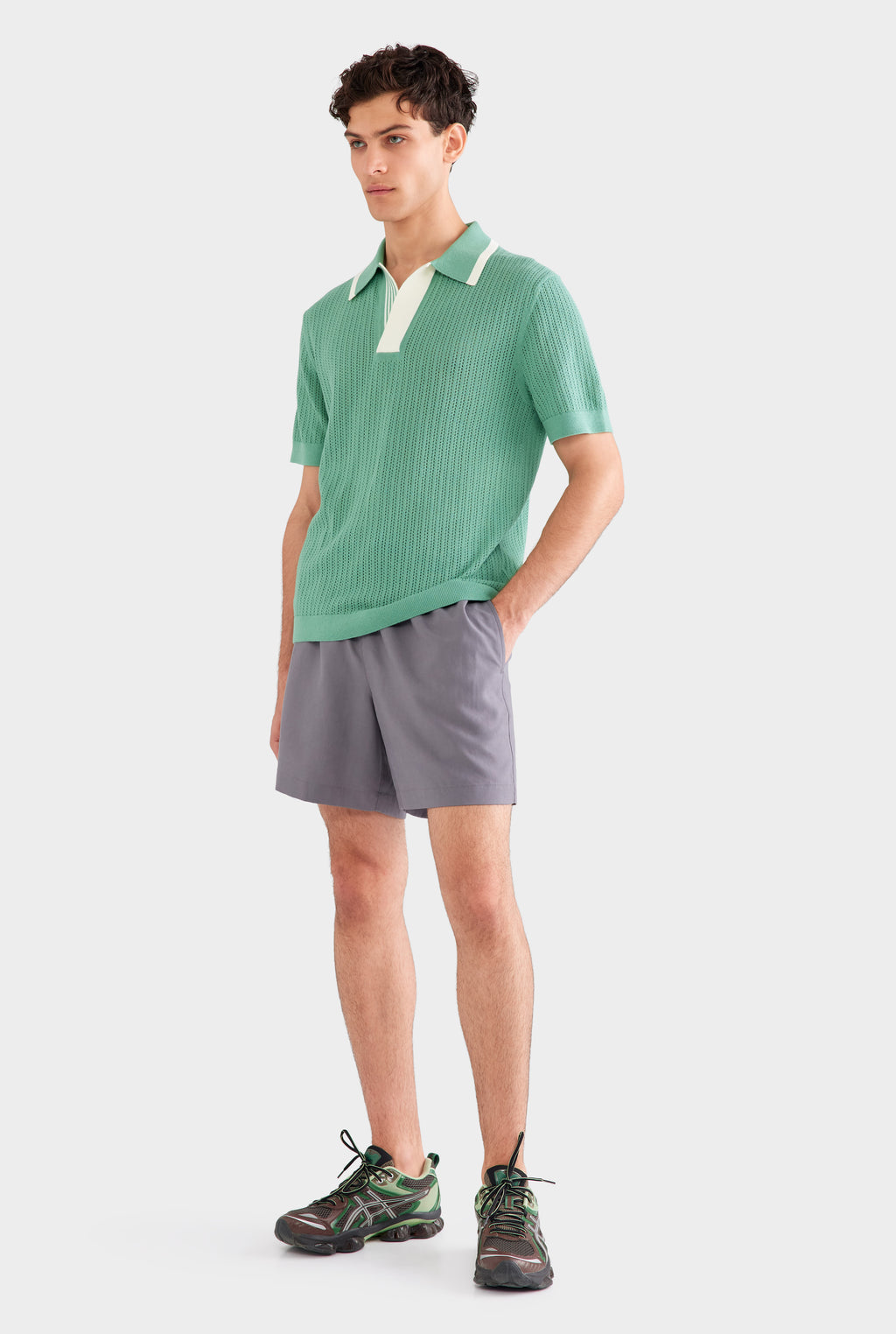 Stripe Collar Cotton Knit Polo - Mint Green/Cream