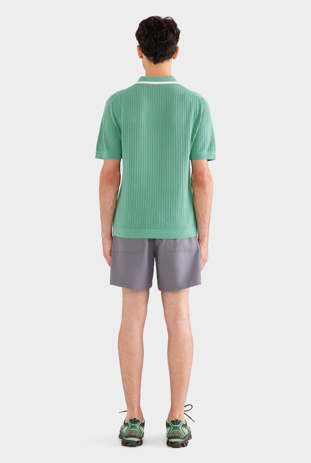 Stripe Collar Cotton Knit Polo - Mint Green/Cream