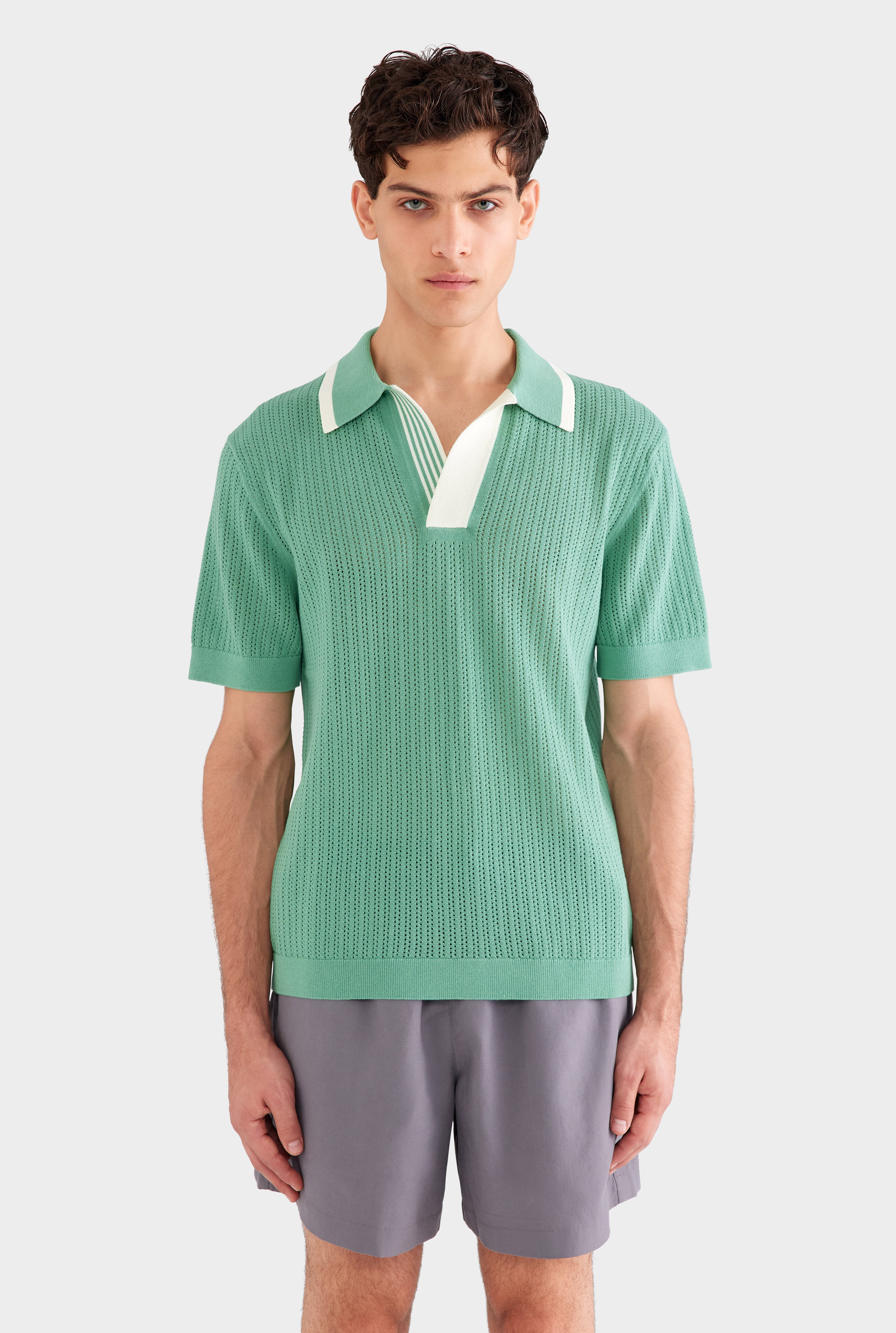 Stripe Collar Cotton Knit Polo - Mint Green/Cream