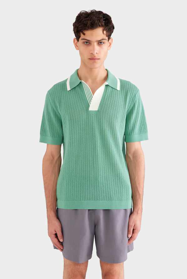 Stripe Collar Cotton Knit Polo - Mint Green/Cream