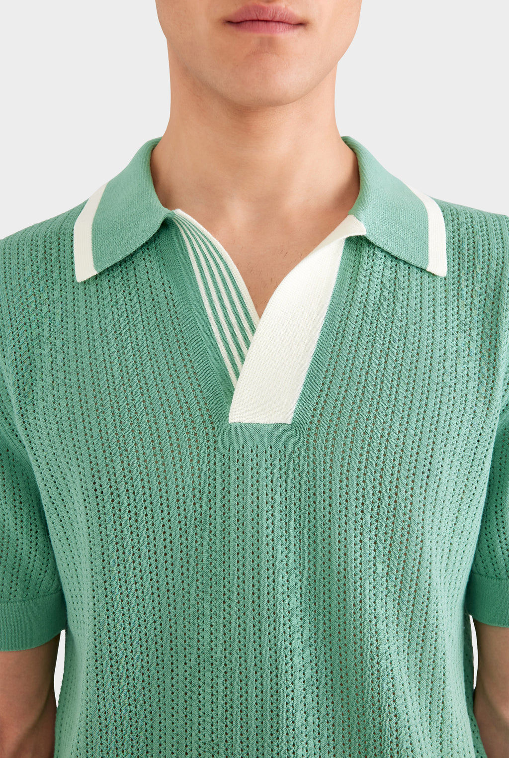 Stripe Collar Cotton Knit Polo - Mint Green/Cream
