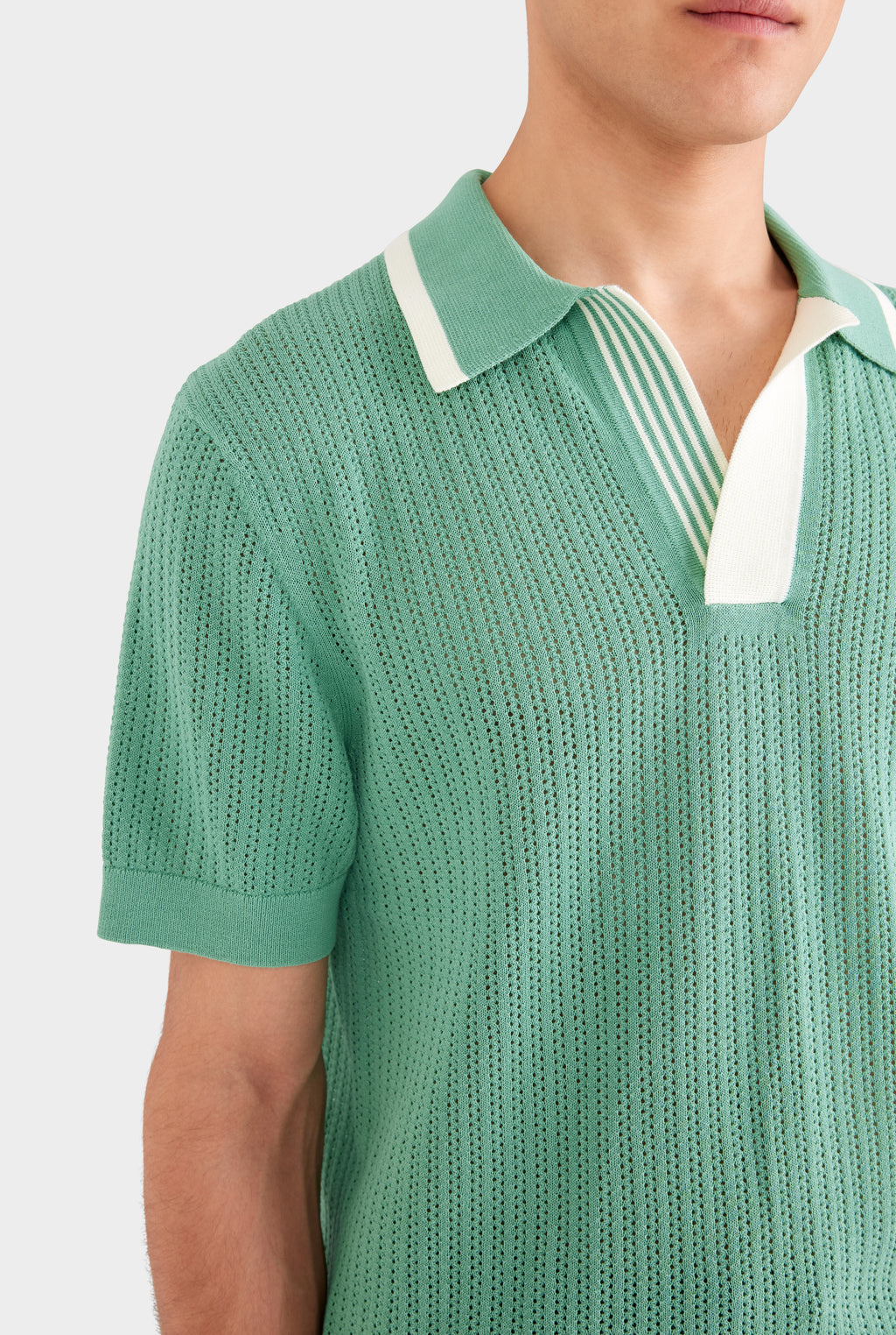 Stripe Collar Cotton Knit Polo - Mint Green/Cream