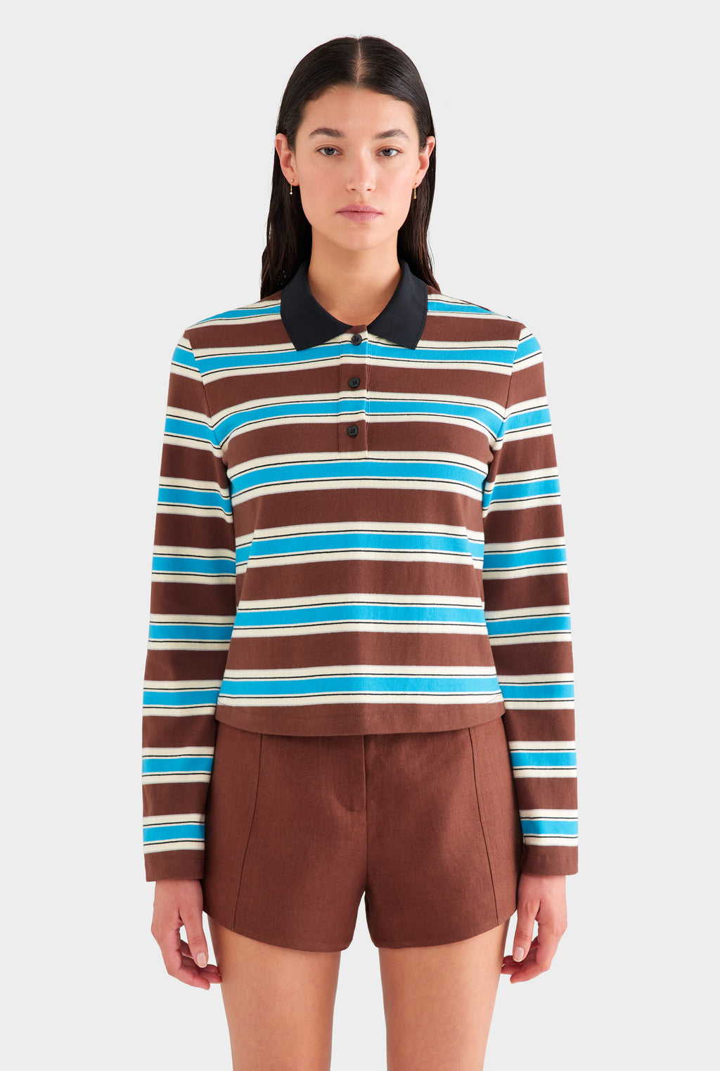 Womens Striped LS Jersey Polo in Chocolate/Blue Stripe Venroy